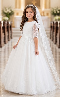 Robe de première communion en tulle à col rond et manches trois-quarts en dentelle, col rond et manches trois-quarts