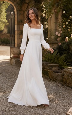Weißes, eckiges Ausschnitt-Brautkleid mit langen Ärmeln in A-Linie