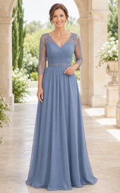 MOB Dress Steel Blue Chiffon Lace A-Line 3/4 Sleeve V-Neck Floor Length Sash Detail