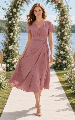 Dusty Rose Chiffon Wrap Flutter Sleeve Midi Dress