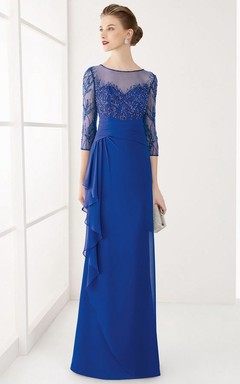 Sheath Jewel-Neck 3-4-Sleeve Long Draped Chiffon Prom Dress With Beading And Sequins