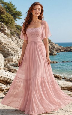 Blush Flutter Sleeve Tiered Chiffon Beach Bridal Gown