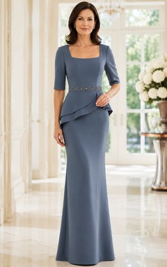 Stahlblaues Meerjungfrauen-Kleid mit Schößchen und halben Ärmeln