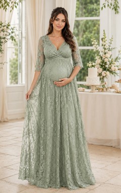 Vestido formal modesto de manga tres cuartos con escote en V y encaje, largo hasta el suelo, de la marca Sage Maternity.