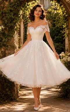 Vintage Off Shoulder Tulle Tea-Length A-Line Wedding Dress