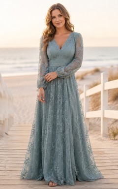 Modest Steel Grey V-neck Long Sleeve A-line Lace Formal Dress