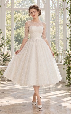 Vintage Tea-Length Bateau Elbow Sleeve Dotted Tulle Wedding Dress