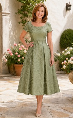 Salbeigrünes, wadenlanges A-Linien-Cocktailkleid im Vintage-Stil für zierliche Frauen, ideal für die Mutter der Braut, mit Rundhalsausschnitt, kurzen Ärmeln und breiter, betonter Taille.