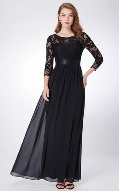 Romantisches, bodenlanges Chiffon-Kleid in A-Linie mit Dreiviertelärmeln und Raffungen für die Mutter der Braut