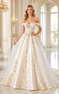 Goldene Rosetten, A-Linien-Brautkleid, schulterfrei, kurze Ärmel, bodenlang, Kathedralenschleppe, Luxuskleid