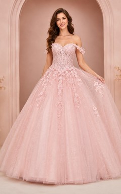 Vestido de gala Rose Debut Blush, largo hasta el suelo, con hombros descubiertos y manga corta, de tul, de lujo para quinceañeras.