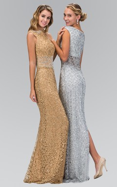 Sheath Long Bateau Sleeveless Lace Dress With Beading