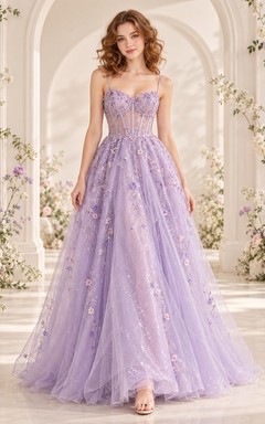 Fairy Lavender Spaghetti Strap Sweetheart Floral Tulle Long Formal Dress