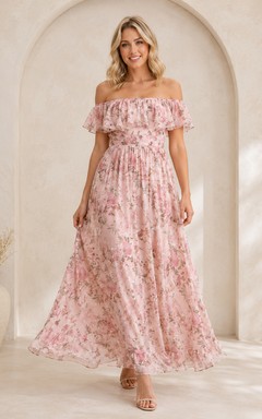 Rosafarbenes, geblümtes, schulterfreies, gesmoktes Umstands-Maxikleid für Gäste