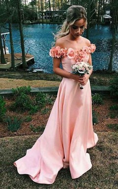 A-Line Satin Off-the-shoulder Short Sleeve Zipper Dress