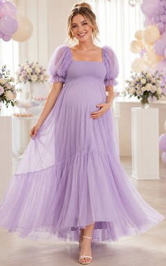 Lavender Maternity Square Neck Puff Sleeve Tiered Tulle Tea Length Baby Shower Dress