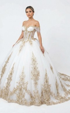 White and Gold Quinceanera Ball Gown Off Shoulder Corset with Appliques Train