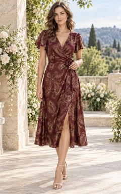 Vestido de fiesta de satén burdeos con estampado paisley, corte en A, escote en V y manga corta, largo hasta la rodilla.