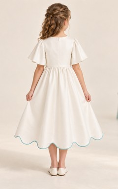 Modest Simple Ivory Tea-length Open Flutter Sleeve Broad Scalloped Satin Flower Girl Dress