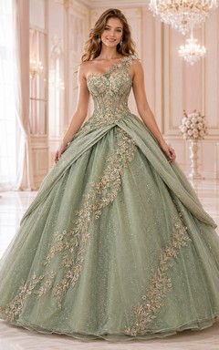 celadon Champagne Luxury One Shoulder Layered Embroidered Quinceanera Princess Ball Gown