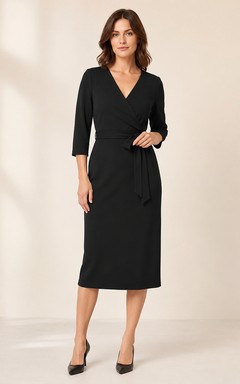 Black Three Quarter Sleeve Wrap Minimal Reception Midi Dress