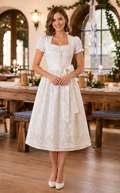 Vestido dirndl blanco de encaje con cuello cuadrado, mangas cortas y bordados, largo hasta la rodilla.