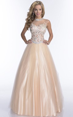 Ärmelloses A-Linien-Abendkleid aus Tüll mit Kristallkragen, Schlüssellochausschnitt am Rücken und Spitzenoberteil