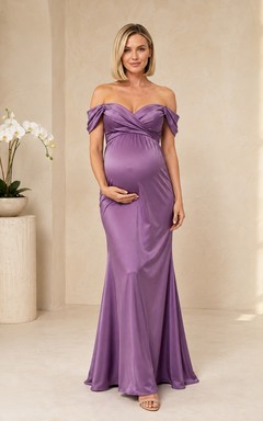 Wisteria Maternity Satin Off-the-shoulder Short Sleeve Mermaid Evening Gown