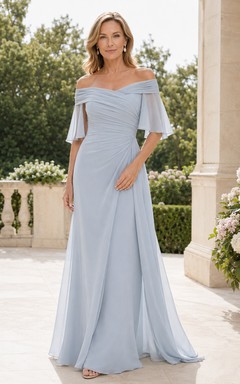 Himmelblaues schulterfreies Chiffon-Kleid in A-Linie mit flatternden Ärmeln