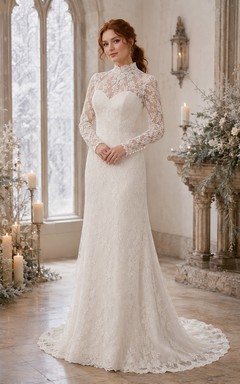 Vestido de novia de invierno modesto, de cuello alto y corte recto con encaje.