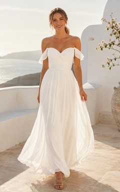 Beach Off-Shoulder Sweetheart Chiffon A-Line Floor-Length Simple Destination Wedding Dress