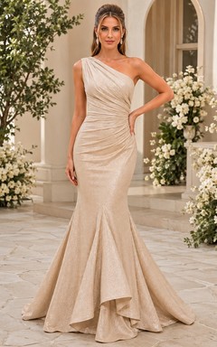 Champagne One Shoulder Draped Satin Mermaid Evening Gown