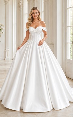 Robe de bal de luxe blanche en satin à épaules dénudées et traîne courte