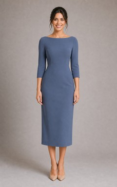 Steel Blue Bateau Three-Quarter Sleeve Midi Sheath Dress