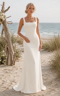 Affordable Square Strap Crepe Sheath Beach Wedding Dress