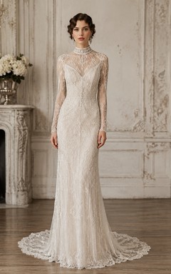 White High Neck Lace Sheath Vintage Wedding Dress