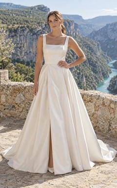 Vestido de novia sencillo de corte A, sin mangas, con escote cuadrado, de satén duquesa, abertura frontal y cola larga.