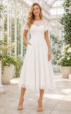 Schlichtes, weißes Cocktailkleid in A-Linie mit Spitze, Taschen und U-Boot-Ausschnitt
