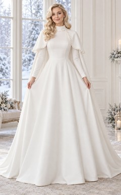 Vestido de novia de corte A con capa corta de perlas, cuello alto y manga larga, estilo modesto, ideal para invierno.