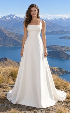 Einfaches Brautkleid aus Satin mit eckigem Ausschnitt, Spaghettiträgern, A-Linie und Schleppe sowie Schleppe