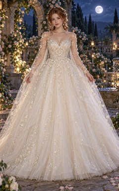 Fairy Long Sleeve Beaded Floral Tulle Ball Gown Wedding Dress