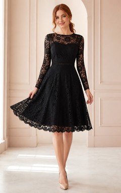 Black Vintage Lace Bateau Long Sleeve Tea-Length A-Line Cocktail Dress