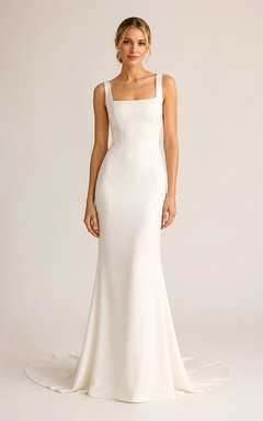 Vestido de novia minimalista de satén estilo sirena con escote cuadrado, sin mangas y cola larga.