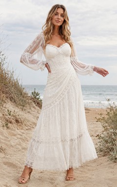 Bohemian White Ankle-Length Off-Shoulder Poet Sleeve Lace Dress Destination Celebration