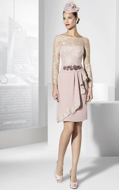 Pencil Long Sleeve Scoop Neck Short Mini Appliqued Jersey Prom Dress With Draping