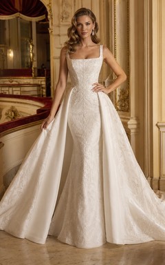 Vestido de novia formal de corte A sin mangas con escote cuadrado y cuello cuadrado de lujo.