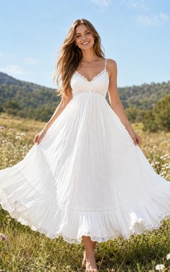 White Chiffon Spaghetti-Strap A-Line Floor-Length Bohemian Beach Dress