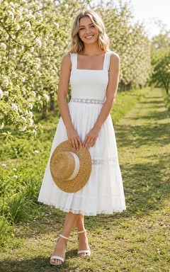 Robe simple blanche de jardin d'invités, coupe trapèze, en dentelle carrée, sans manches, longueur thé