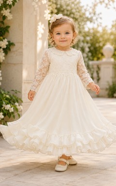 Baby-Taufkleid mit Rüschensaum, A-Linie, langen Spitzenärmeln und Teelänge, schlicht