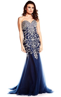Long Sweetheart Crystal Tulle Prom Dress With V Back